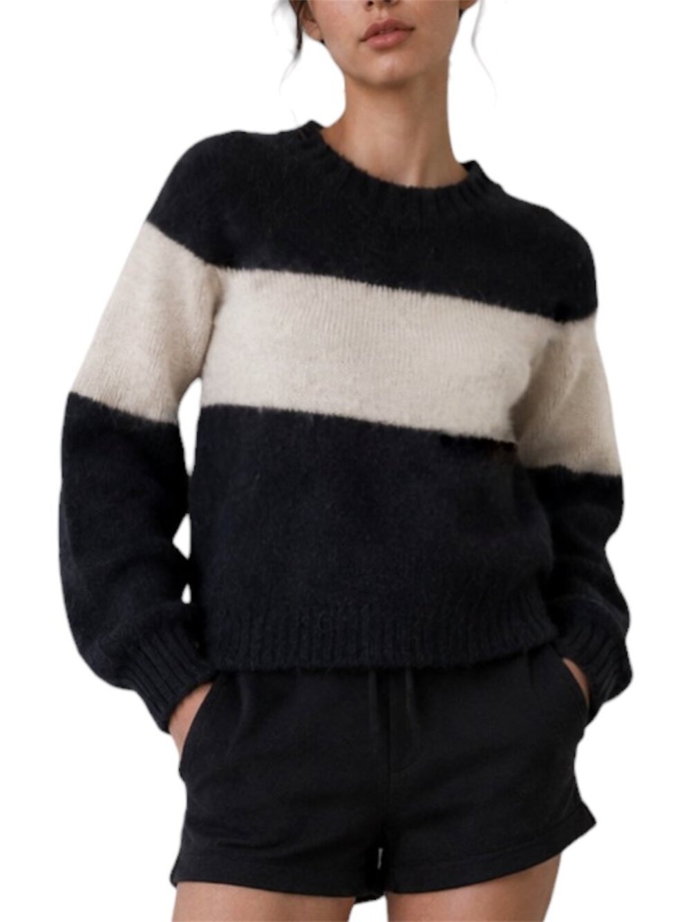 AllSaints Italian Yarn Stripe Crewneck Sweater Black Mallow  Lou Uno Size S